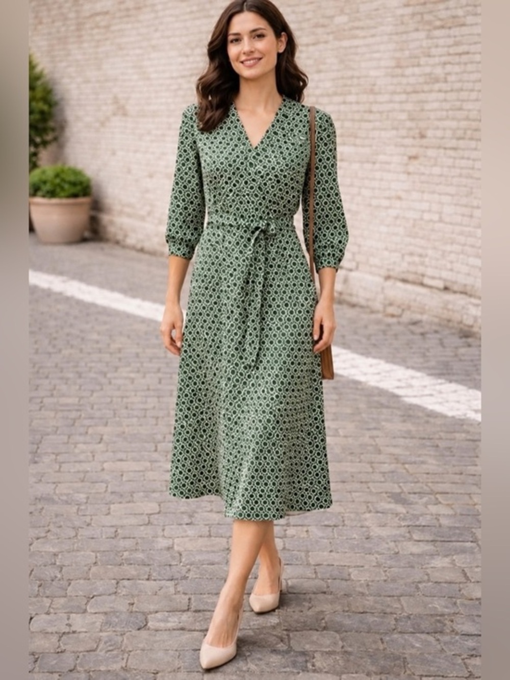 Boden Green White Geometric Tie Waist Midi Dress 3/4 Sleeve EUC 8R #870